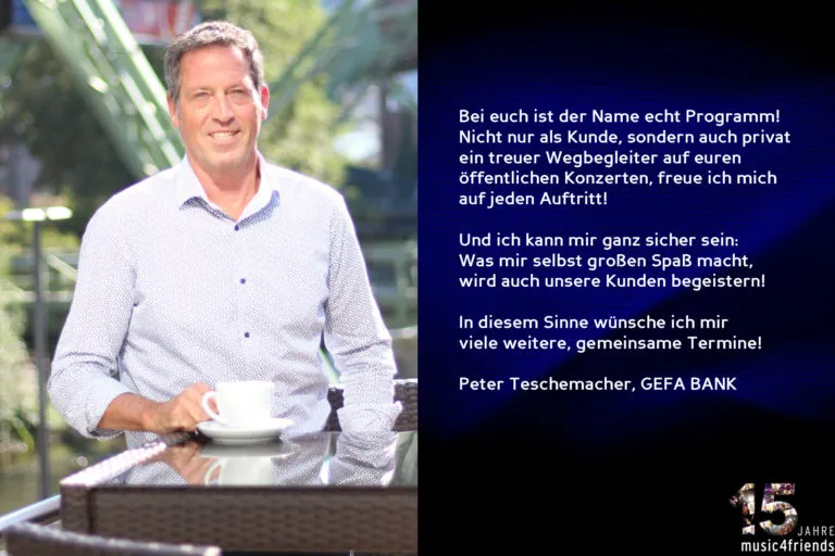 Feier zum 15-jährigen Jubiläum von music4friends mit Gratulationen und festlicher Atmosphäre.